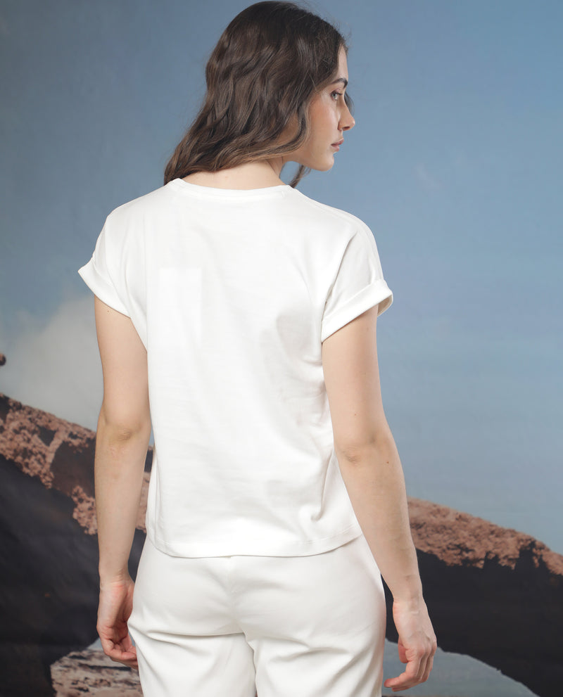 Rareism Women's Ira White Cotton Fabric Short Sleeves Crew Neck Regular Fit Graphic Print T-Shirt