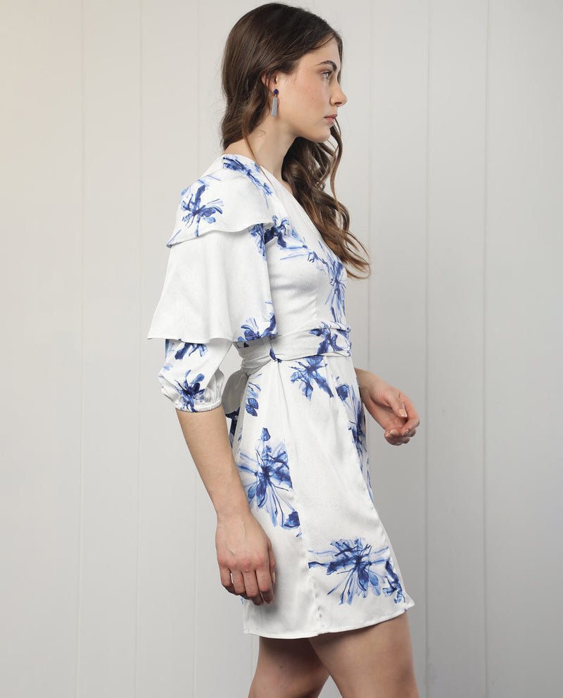 Rareism Women's Winnie White Modal Fabric Off Shoulder Zip Closure One Shoulder Puff Sleeve Boxy Fit Floral Print Knee Length Dress