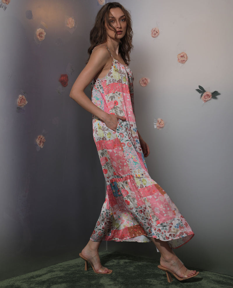 Rareism Women's Katie Multi Polyester Fabric Sleeveless Shoulder Straps Regular Fit Floral Print Maxi Empire Dress