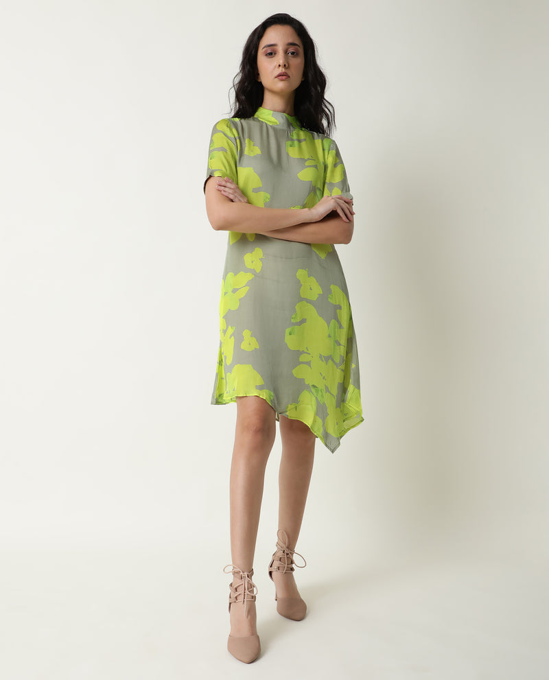 Rareism Women's Sprite Yellow Floral Print Band Neck Short Sleeves With Pockets Asymmetric Hem Knee Length Dress