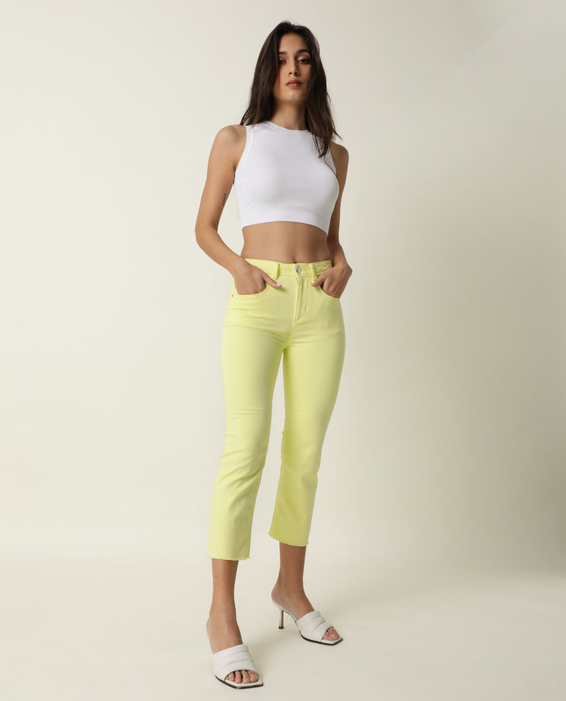 Rareism Women'S Admiral Light Yellow Cotton Lycra Fabric Mid Rise Solid Regular Fit Ankle Length Jeans