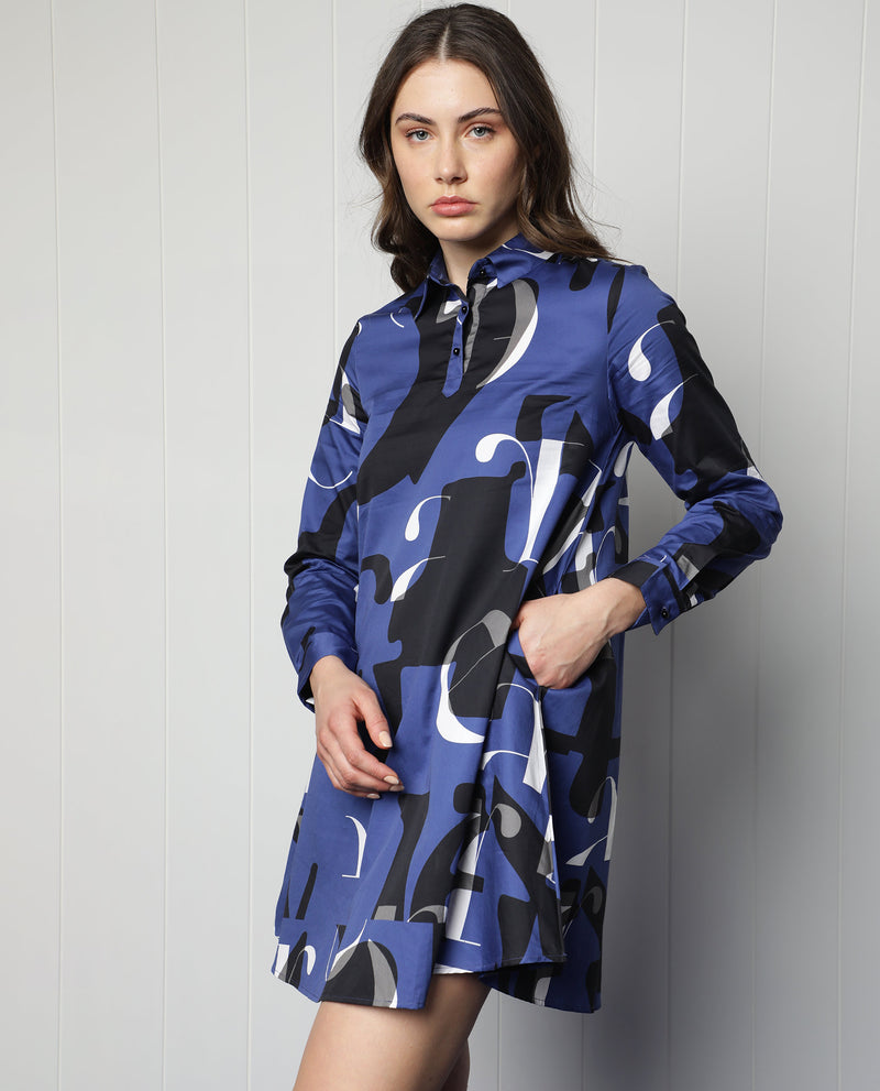 Rareism Women's Macie Blue Cotton Fabric Full Sleeves Button Closure Mandarin Collar Regular Fit Graphic Print Knee Length Boxy Dress