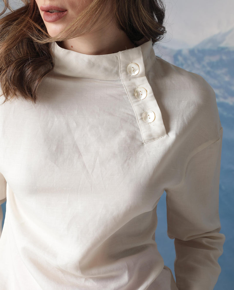 Rareism Women's Gourmet Beige Modal Linen Fabric Full Sleeves Button Closure High Neck Relaxed Fit Plain Top