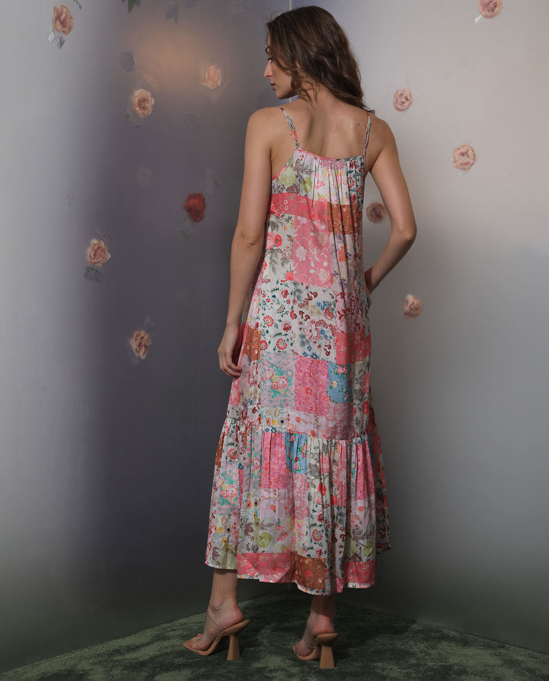 Rareism Women's Katie Multi Polyester Fabric Sleeveless Shoulder Straps Regular Fit Floral Print Maxi Empire Dress
