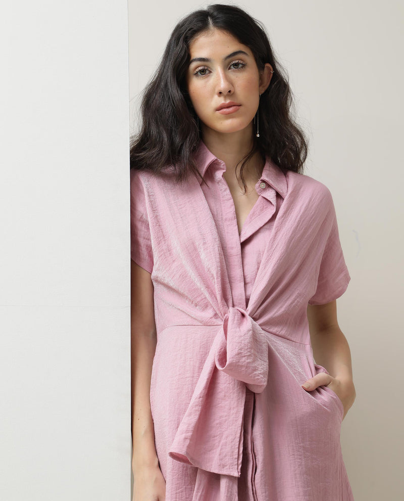 Rareism Women's Kori Metallic Pink Shirt Collar Short Sleeve Front Button Closure Placket Fabric Waist Belt Pocket Midi Dress