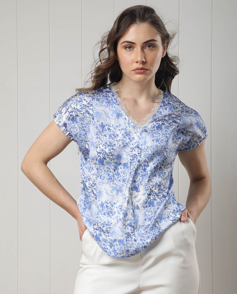 Rareism Women's Annika Blue Polyester Fabric Short Sleeves V-Neck Extended Sleeve Regular Fit Abstract Print Top