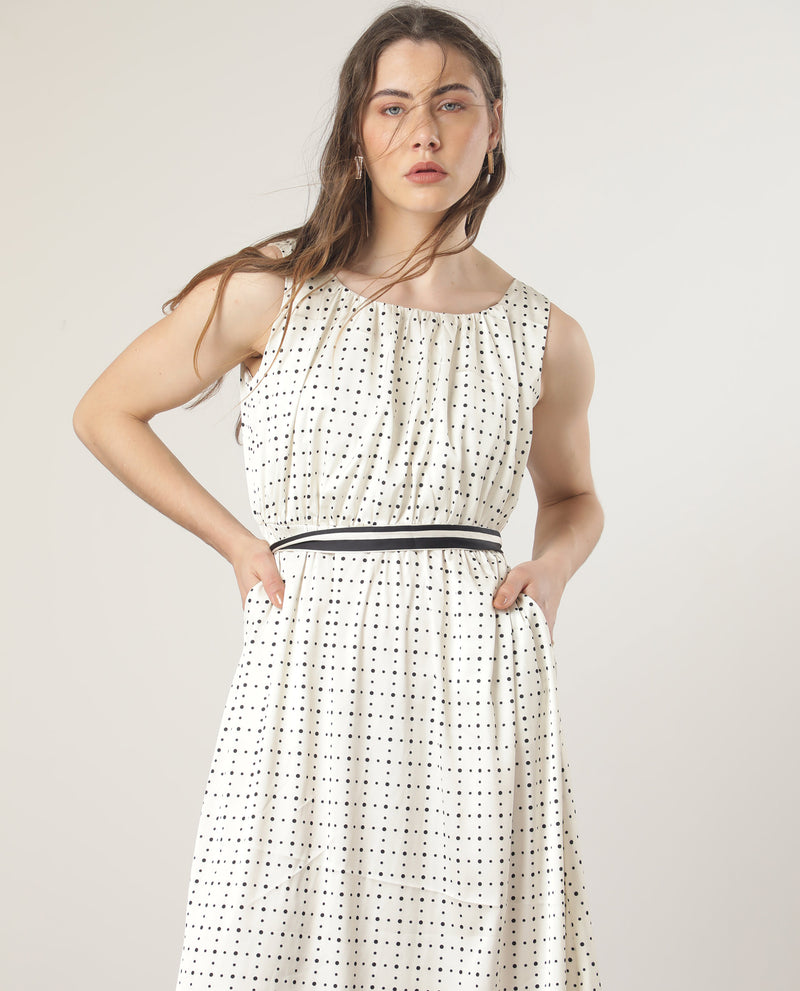 Rareism Women's Narcissa Beige Polyester Fabric Boat Neck Sleeveless Regular Fit Polka Knee Length Empire Dress