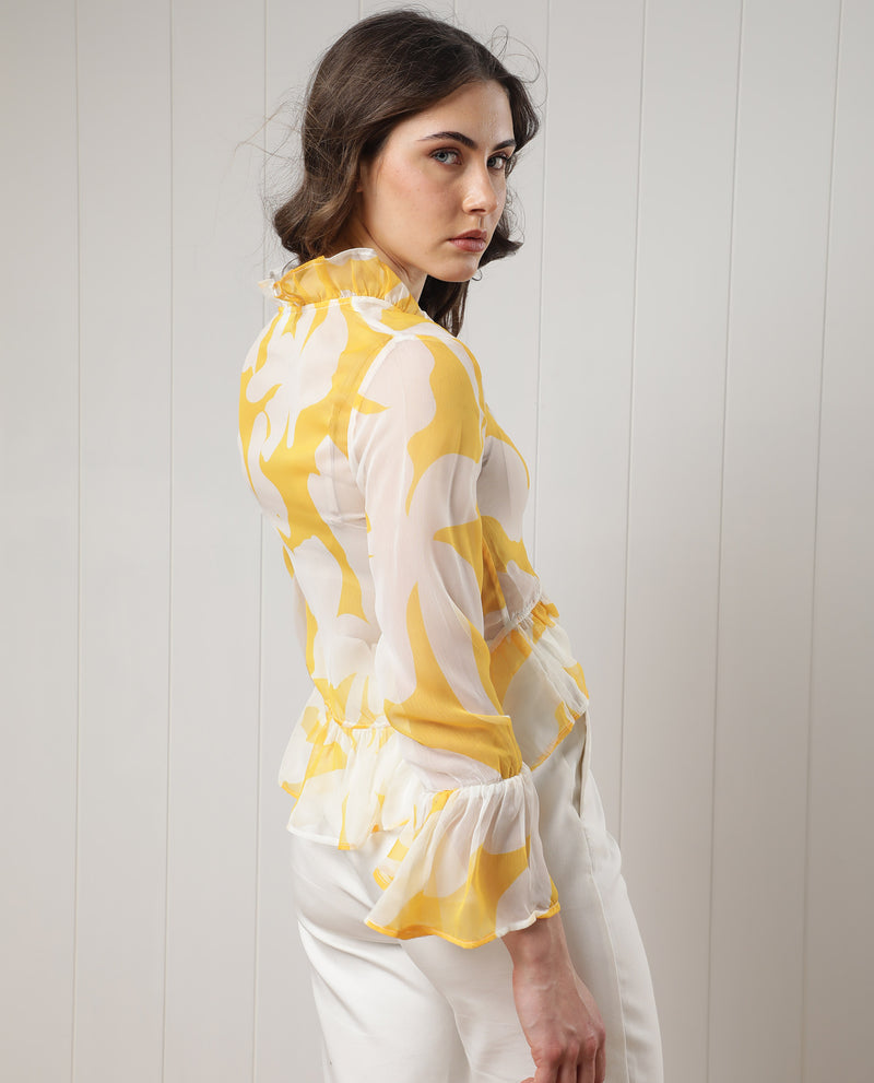 Rareism Women's Simone White Polyester Fabric Full Sleeves Tie-Up Closure V-Neck Bell Sleeve Regular Fit Floral Print Shrug