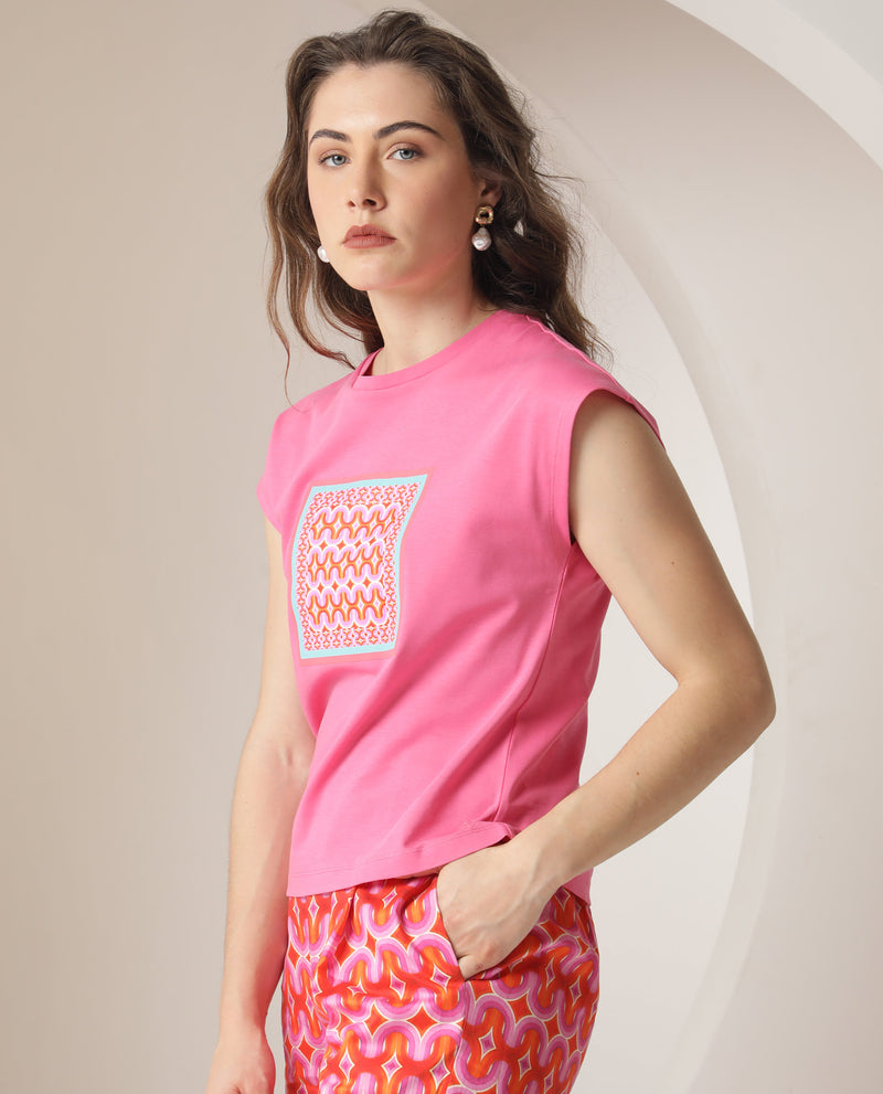 Rareism Women's Drelia Pink Cotton Fabric Short Sleeves Crew Neck Extended Sleeve Regular Fit Graphic Print T-Shirt