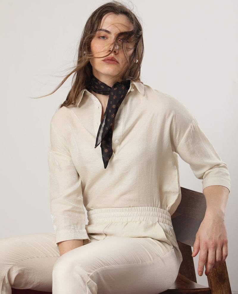 Rareism Women's Velynn Beige Polyester Fabric Regular Fit Shirt Collar 3/4Th Sleeves Solid Top