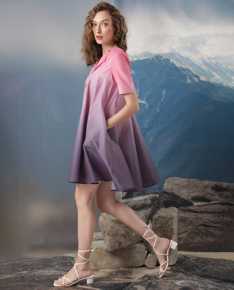 Rareism Women's Celine Purple Cotton Fabric Short Sleeves Over Lap Flared Fit Ombre Knee Length Empire Dress