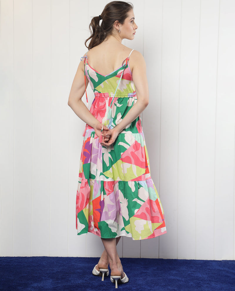 Rareism Women's Grace Multi Cotton Fabric Sleeveless V-Neck Shoulder Straps Regular Fit Floral Print Knee Length Tiered Dress