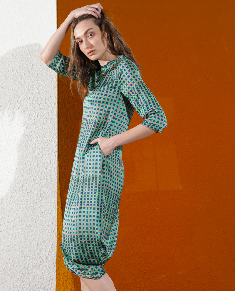 Rareism Women's Gleam Green Polyester Fabric 3/4Th Sleeves Zip Closure High Neck Regular Fit Geometric Print Knee Length Asymmetric Dress