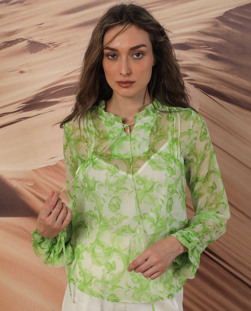 Rareism Women's Willow Green Polyester Fabric Full Sleeves Tie-Up Neck Ruffled Sleeves Regular Fit Abstract Print Top