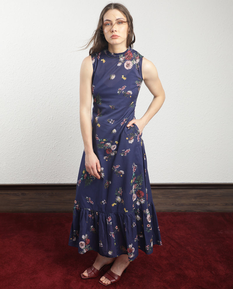 Rareism Women's Jemma Navy Cotton Fabric Zip Closure High Neck Sleeveless Regular Fit Floral Print Maxi Dress