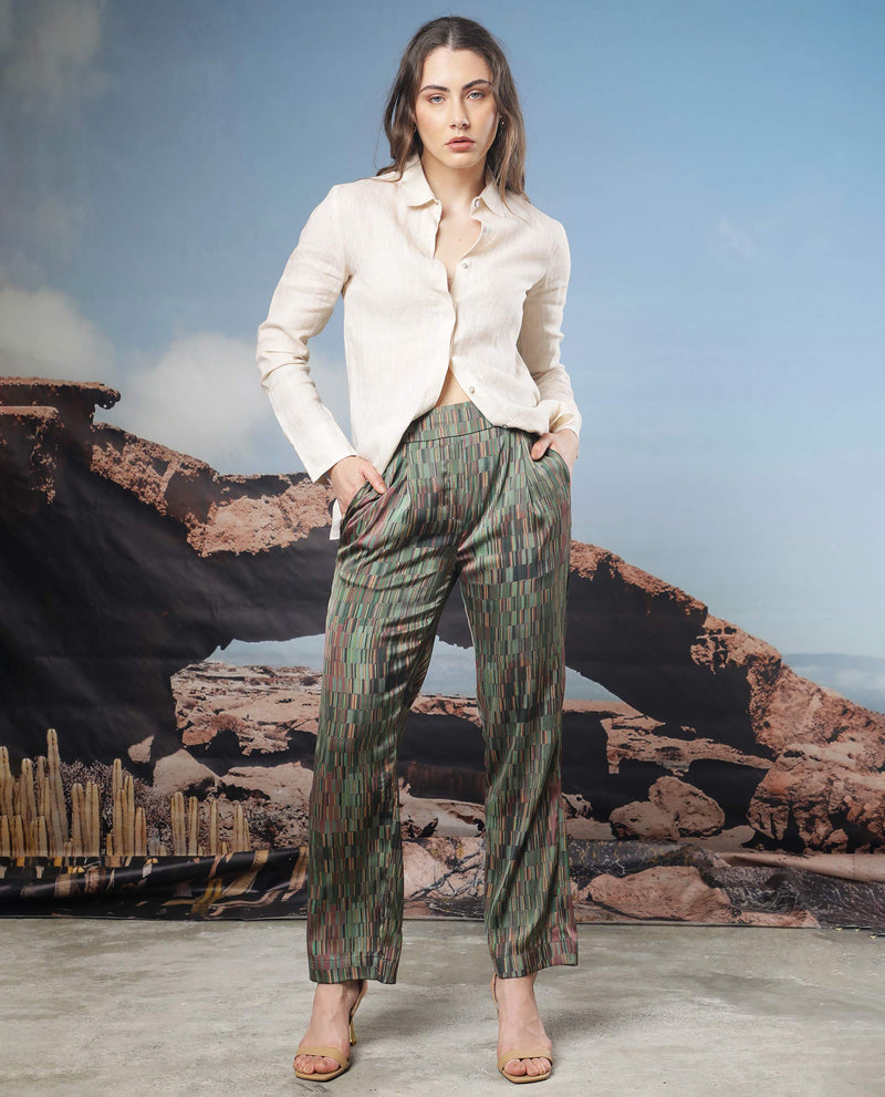 RAREISM WOMEN'S MILLIE OLIVE TROUSERS POLYESTER FABRIC PRINT