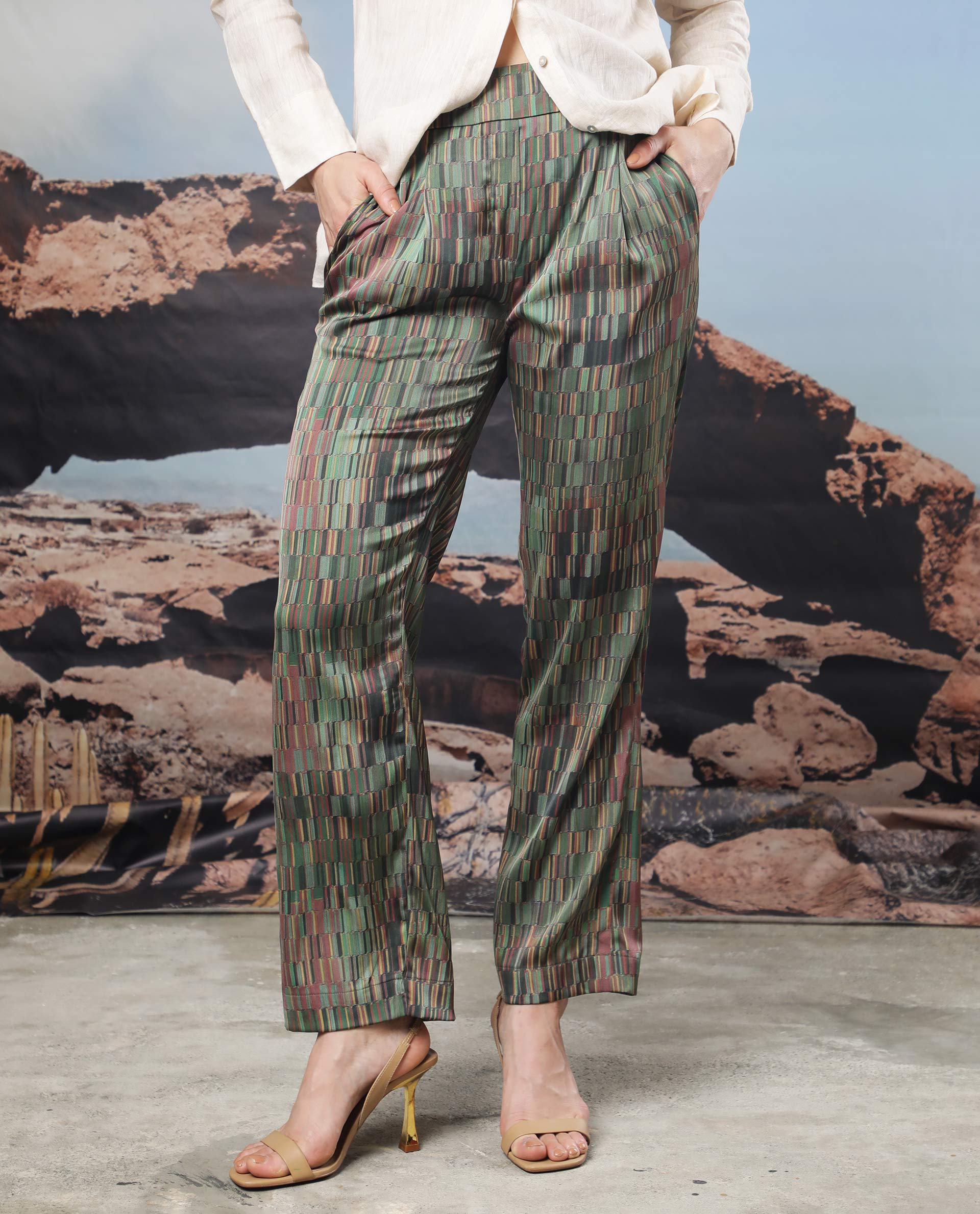 Rareism Women's Millie Dark Olive Polyester Fabric Tailored Fit