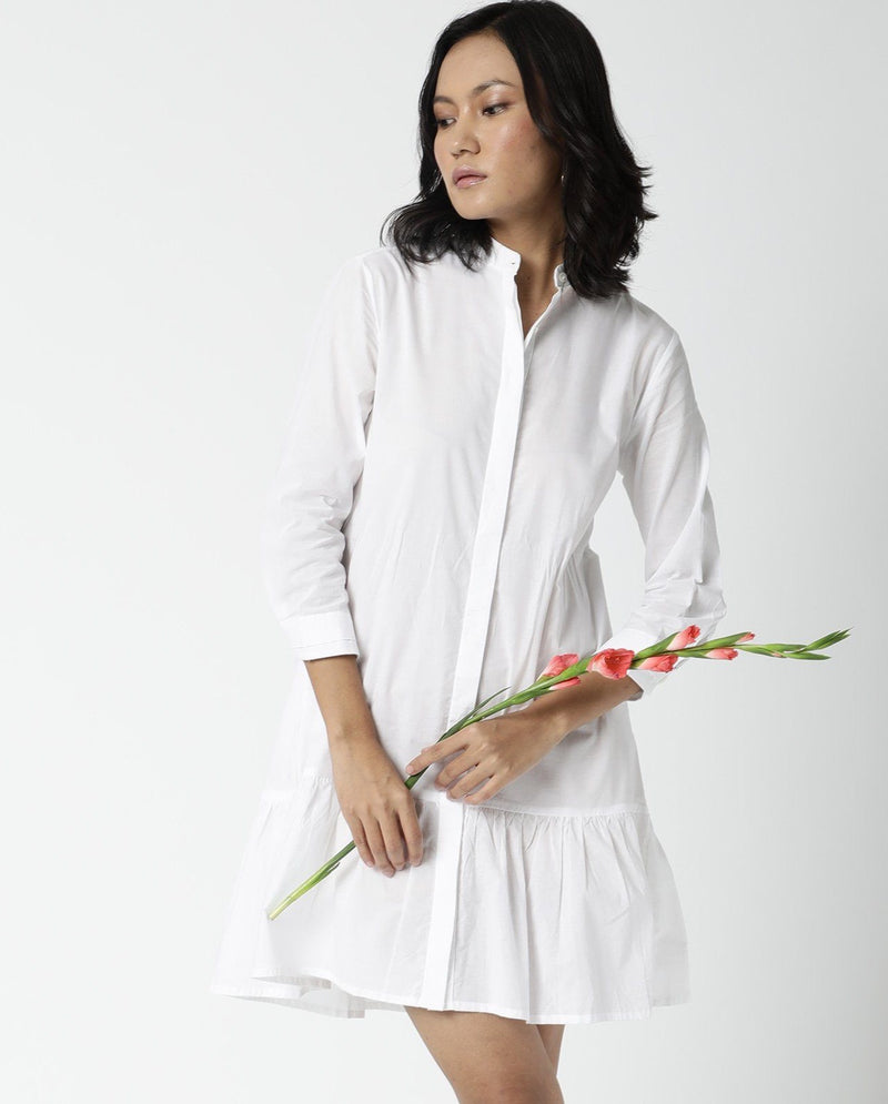 KREPE- PLAIN KNEE LENGTH MANDARIN COLLAR WOMEN'S DRESS - WHITE
