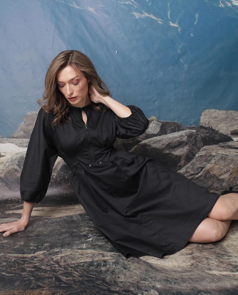RAREISM WOMEN'S MAYEM BLACK DRESS COTTON FABRIC FULL SLEEVES SOLID