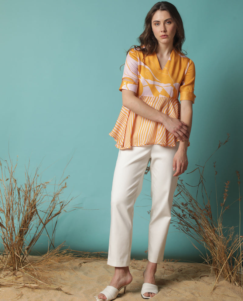 Rareism Women'S Skimmia Mustard Modal Fabric Short Sleeves V-Neck Regular Fit Abstract Print Top