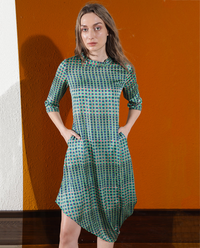 Rareism Women's Gleam Green Polyester Fabric 3/4Th Sleeves Zip Closure High Neck Regular Fit Geometric Print Knee Length Asymmetric Dress
