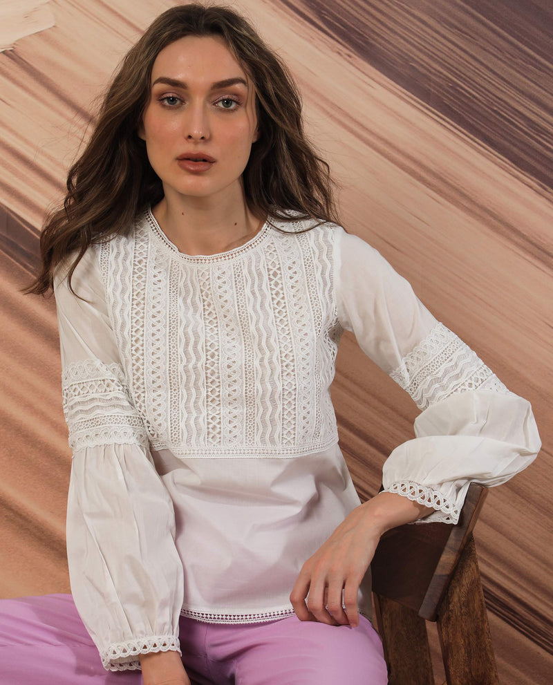 Rareism Women's Minnie White Cotton Fabric Full Sleeves Boat Neck Bishop Sleeve Regular Fit Plain Top