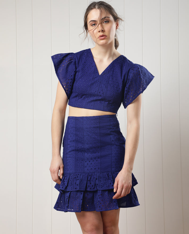 Rareism Women's Clarissa Flouroscent Blue Cotton Fabric Slim Fit High Rise Solid Midi Skirt