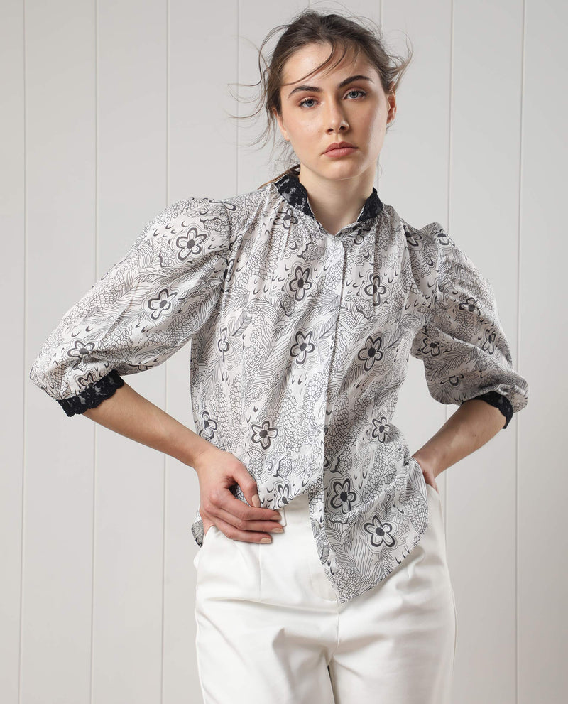 Rareism Women's Museo White Cotton Fabric 3/4Th Sleeves Button Closure Mandarin Collar Puff Sleeve Regular Fit Floral Print Top