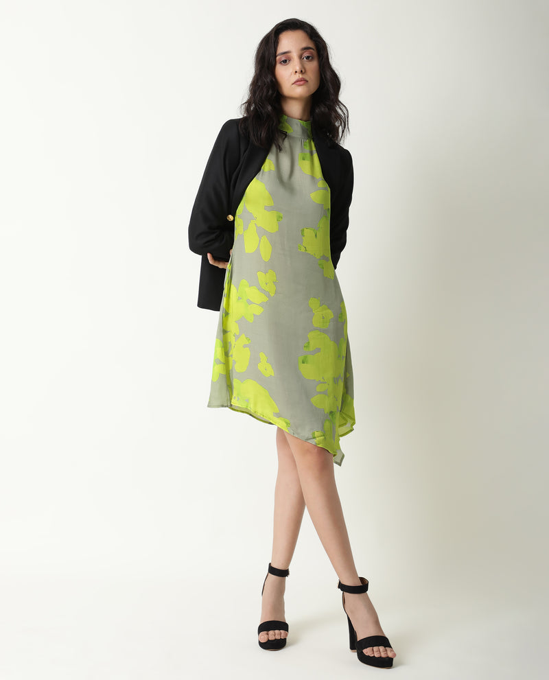 Rareism Women's Sprite Yellow Floral Print Band Neck Short Sleeves With Pockets Asymmetric Hem Knee Length Dress