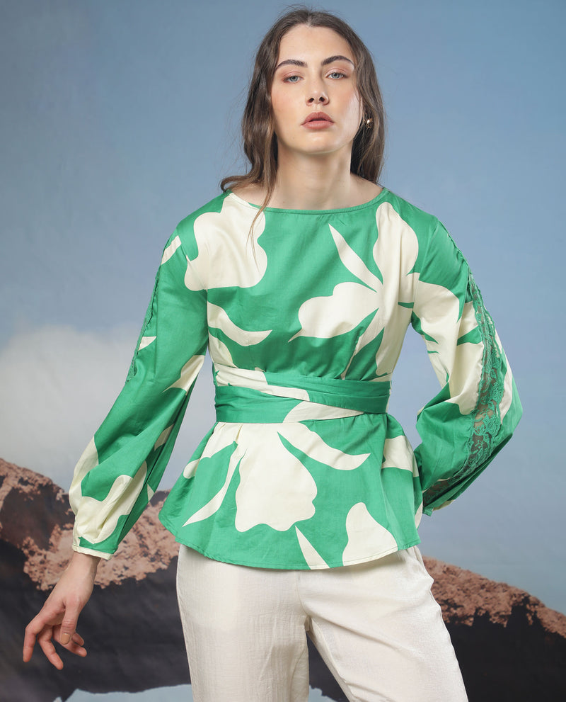 Rareism Women'S Sloane Green Top Cotton Fabric Full Sleeves Print
