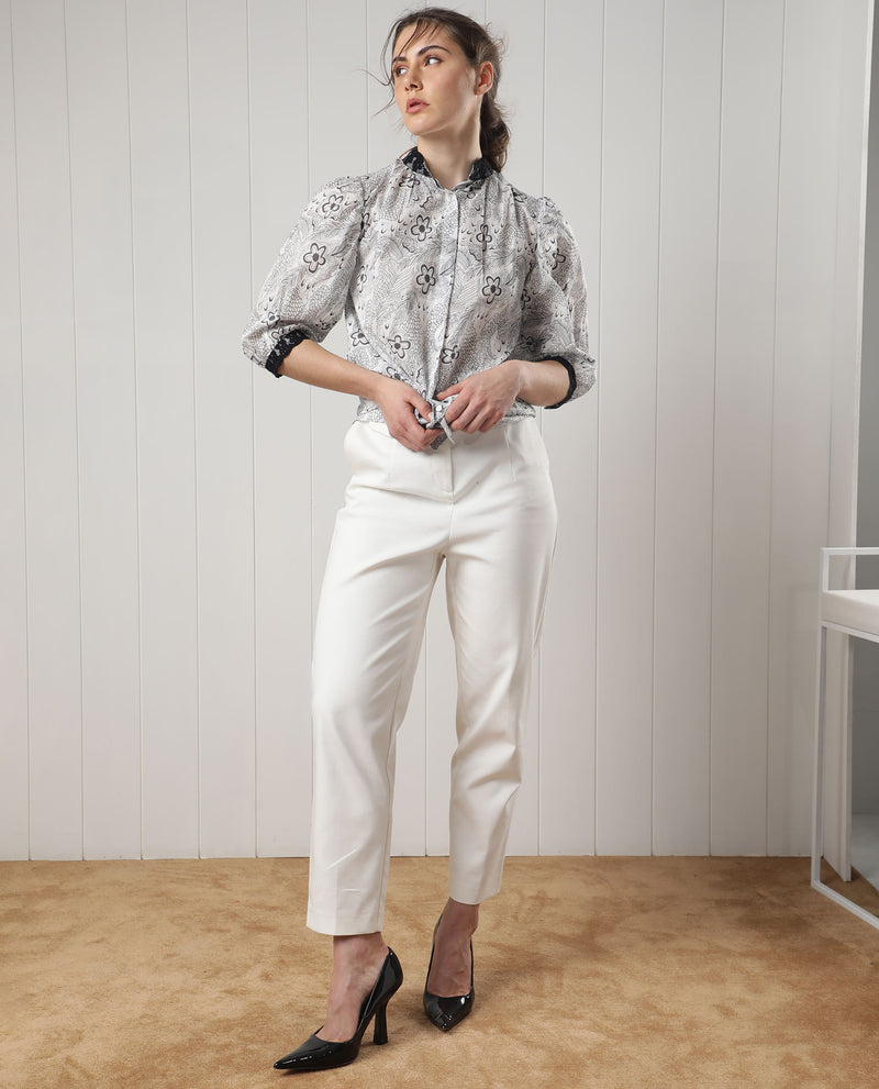 Rareism Women's Museo White Cotton Fabric 3/4Th Sleeves Button Closure Mandarin Collar Puff Sleeve Regular Fit Floral Print Top