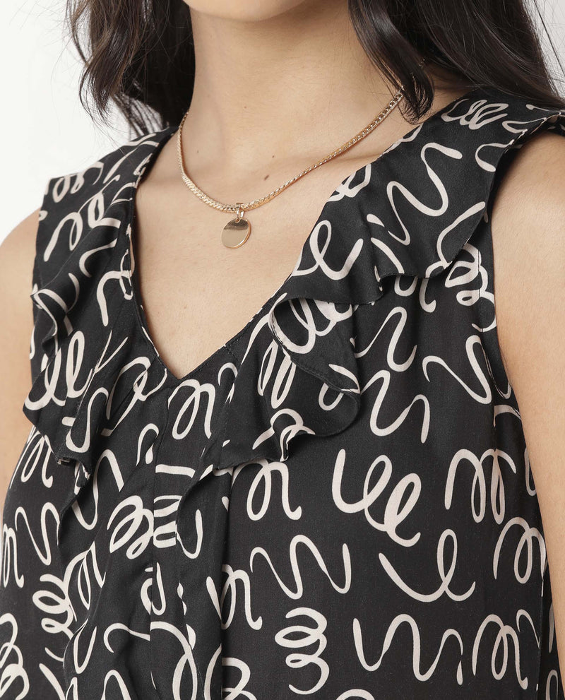 CURLS- ABSTRACT PRINTED SLEEVELESS WOMEN'S TOP - BLACK