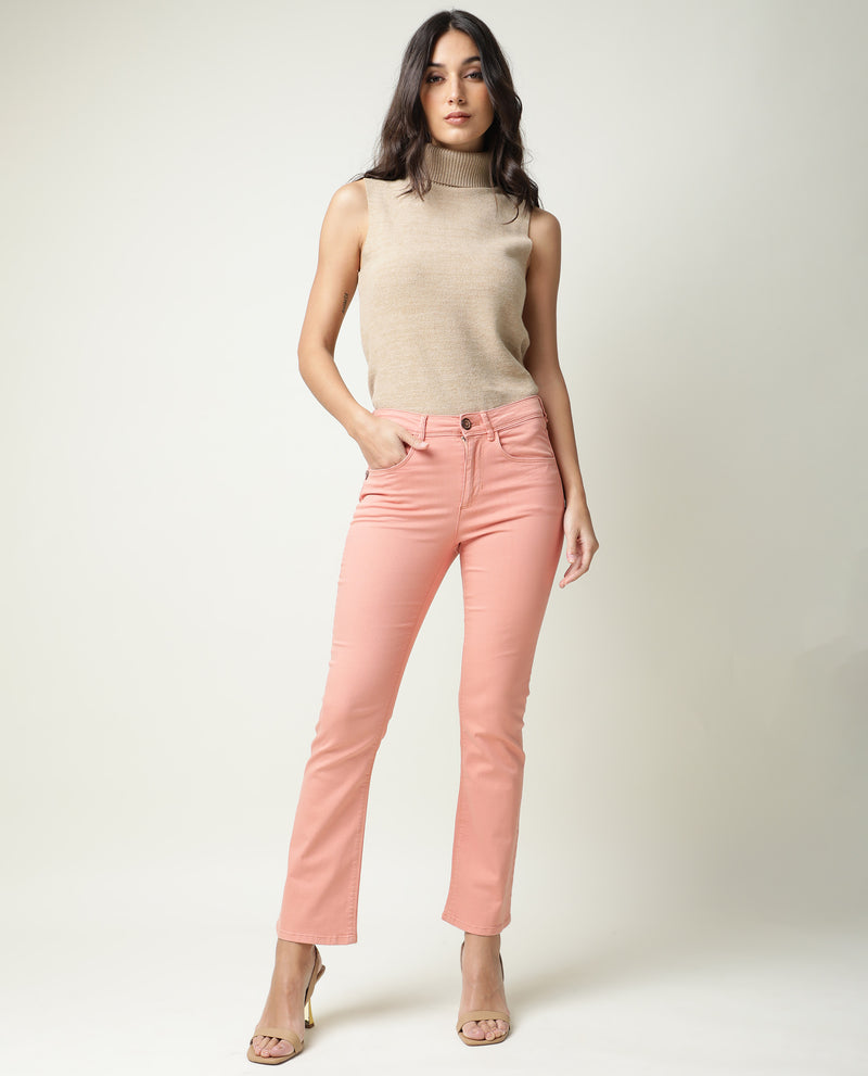 Rareism Women'S Booter Light Peach Cotton Lycra Fabric Mid Rise Solid Slim Fit Ankle Length Jeans