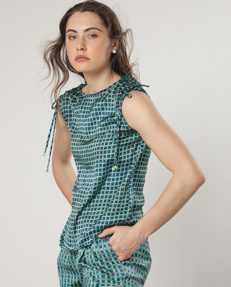Rareism Women's Blaze Green Polyester Fabric Tie-Up Closure Boat Neck Sleeveless Regular Fit Geometric Print Top