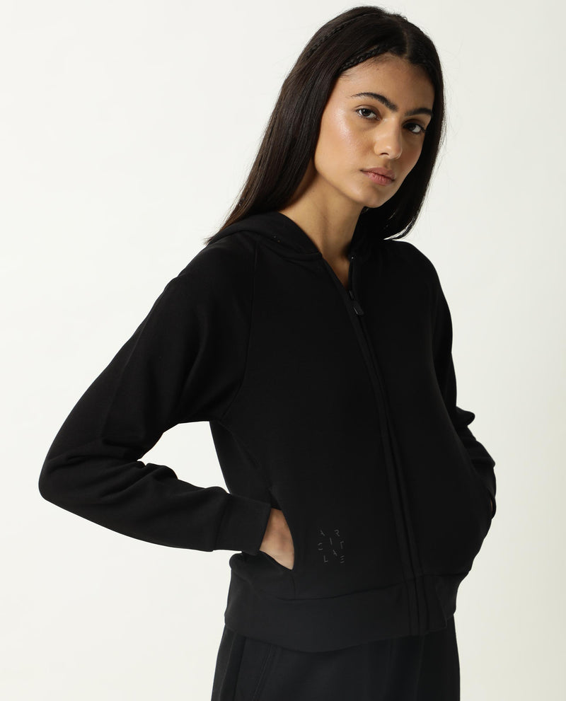Rareism Women's Capper Black Cotton Blend Fabric Full Sleeves Solid Hooded Jacket