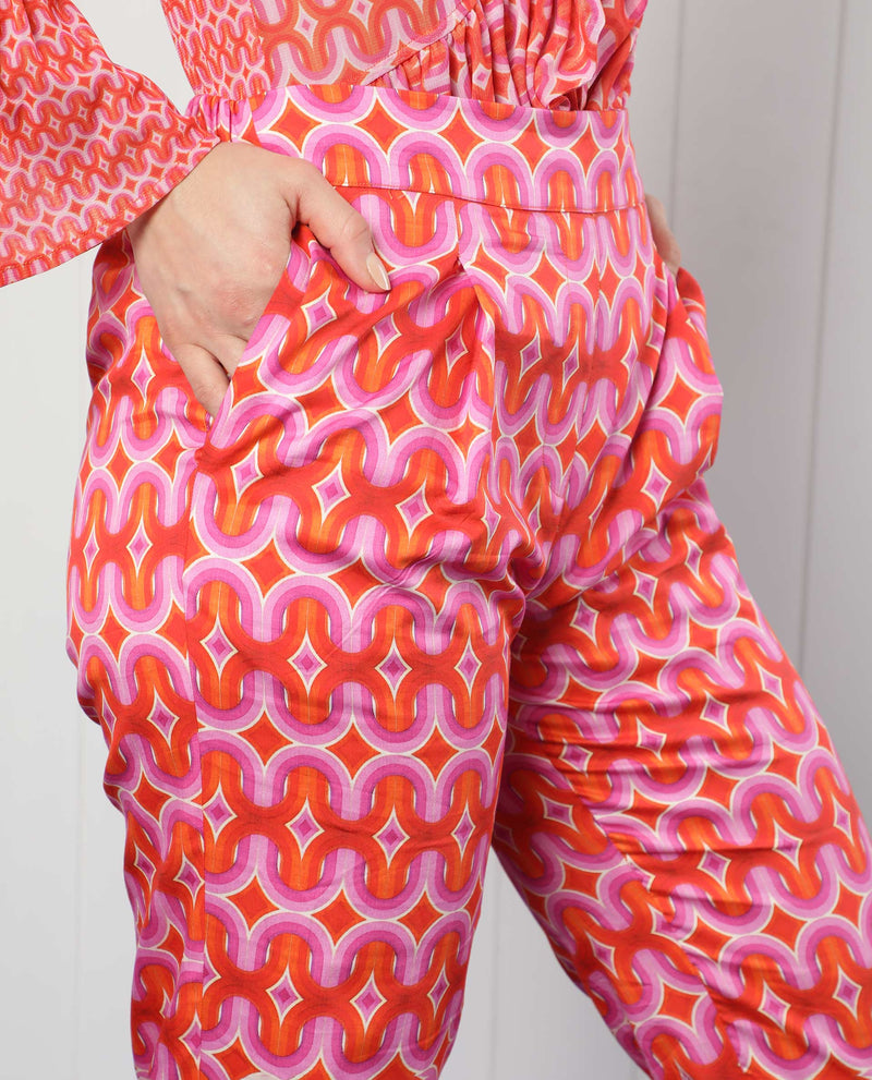 Rareism Women's Cremon Orange Cotton Blend Fabric Regular Fit Geometric Print Ankle Length Trousers