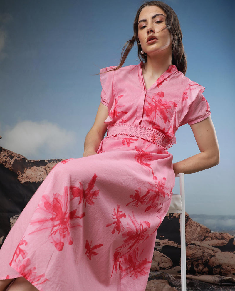 Rareism Women's Octane Light Pink Cotton Fabric Short Sleeves Button Closure Mandarin Collar Extended Sleeve Regular Fit Abstract Print Knee Length Flared Dress