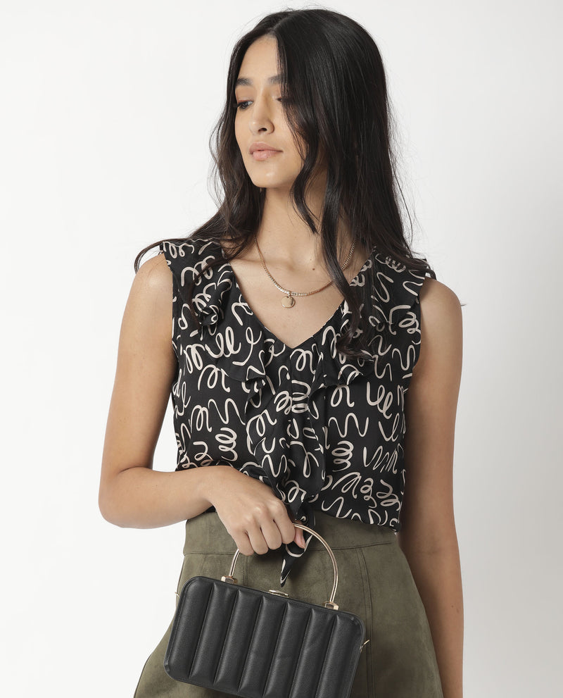 CURLS- ABSTRACT PRINTED SLEEVELESS WOMEN'S TOP - BLACK