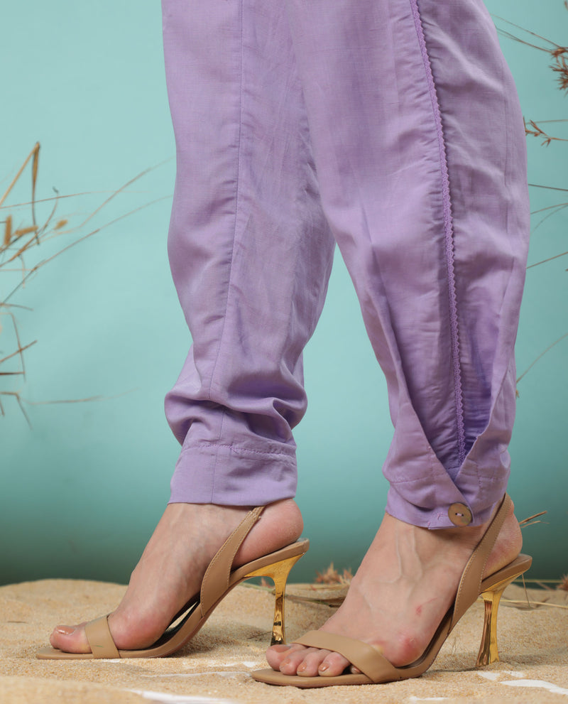 Rareism Women's Erin Pastel Purple Modal Linen Fabric Tailored Fit Plain Ankle Length Trousers