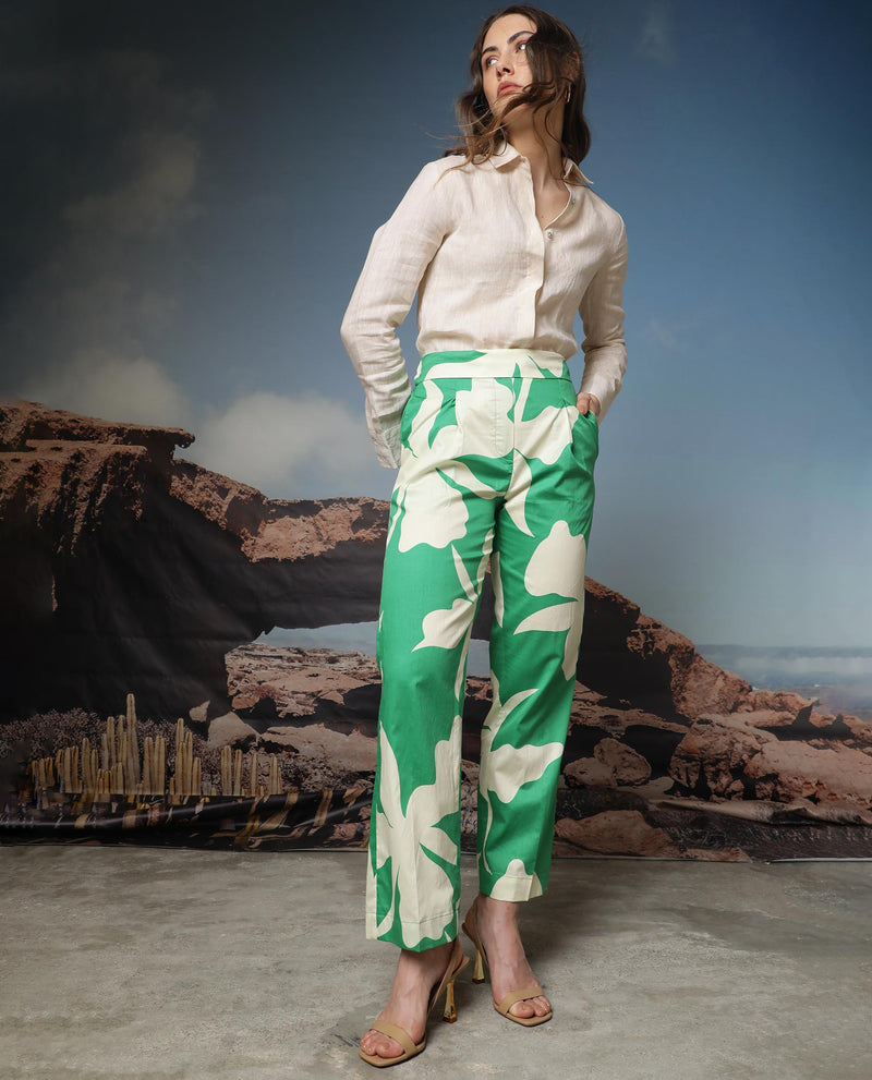 Rareism Women's Slag Green Cotton Fabric Relaxed Fit Floral Print Ankle Length Trousers