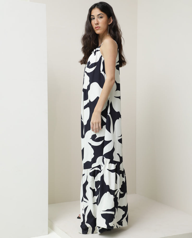 Rareism Women's Zahara Black Viscose Fabric Sleeveless Shoulder Straps Regular Fit Floral Print Knee Length Tiered Dress