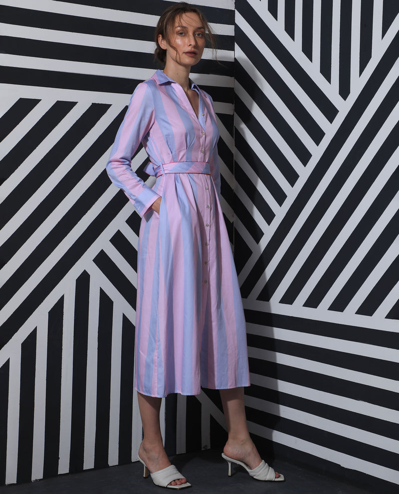 Rareism Women's Prach Pink Striped Shirt Collar Full Sleeves With Front Button Closure Placket And Pocket Midi Dress