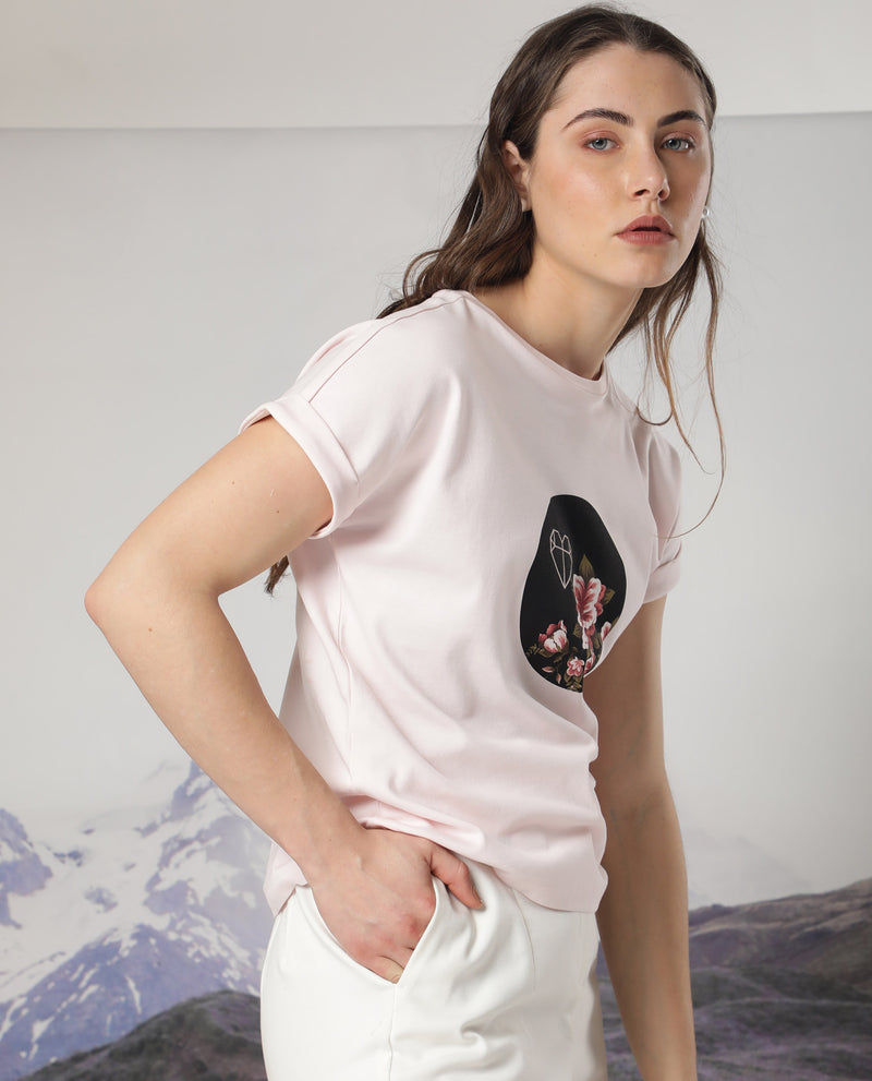 Rareism Women's Vitivus Light Pink Cotton Fabric Short Sleeves Crew Neck Regular Fit Graphic Print T-Shirt