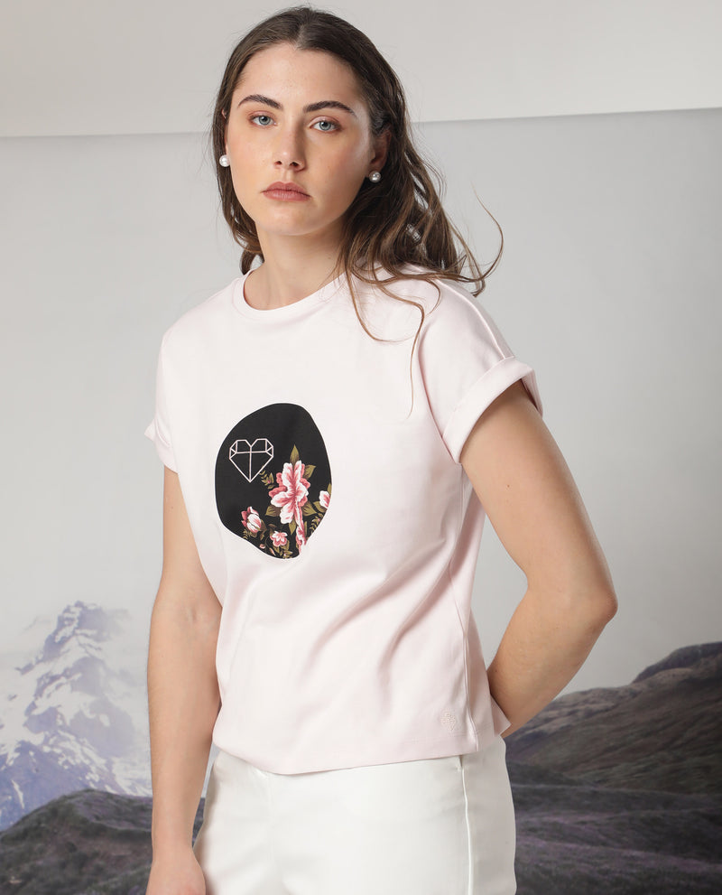 Rareism Women's Vitivus Light Pink Cotton Fabric Short Sleeves Crew Neck Regular Fit Graphic Print T-Shirt