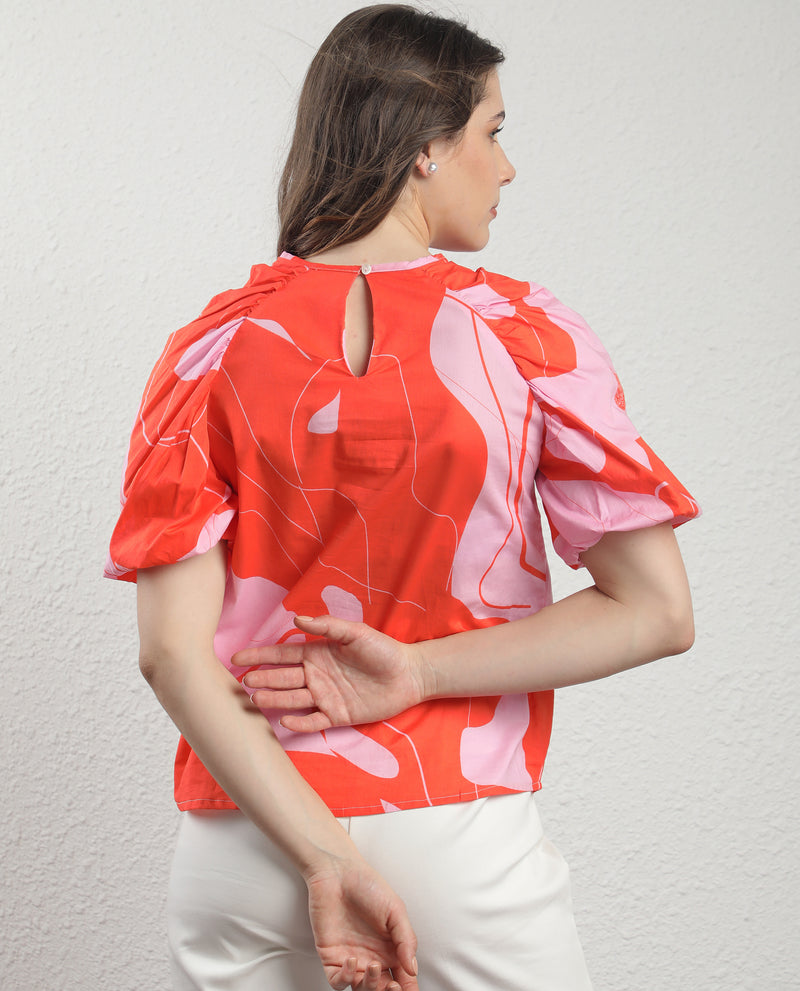 Rareism Women's Danica Orange Cotton Fabric Short Sleeves Button Closure Round Neck Balloon Sleeve Regular Fit Abstract Print Top