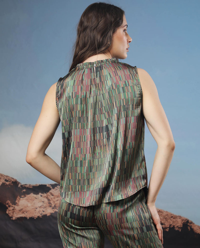 Rareism Women's Giselle Dark Olive Polyester Fabric Button Closure Round Neck Sleeveless Regular Fit Geometric Print Top
