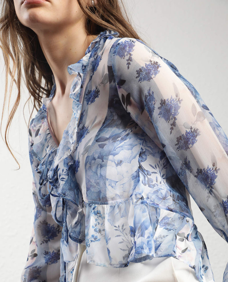 Rareism Women's Julieta Light Blue Polyester Fabric Full Sleeves Drawstring Closure V-Neck Bell Sleeve Regular Fit Abstract Print Shrug