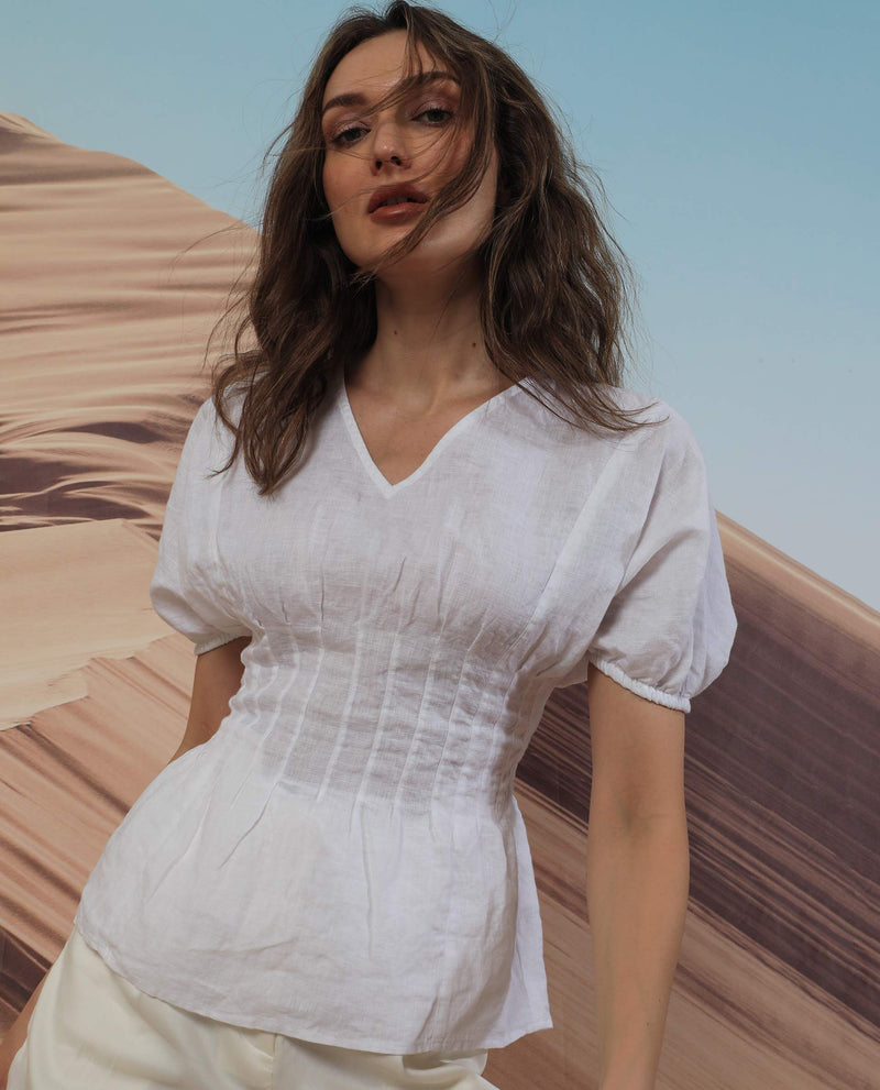 Rareism Women's Perdue White Linen Fabric Short Sleeves V-Neck Puff Sleeve Regular Fit Plain Top