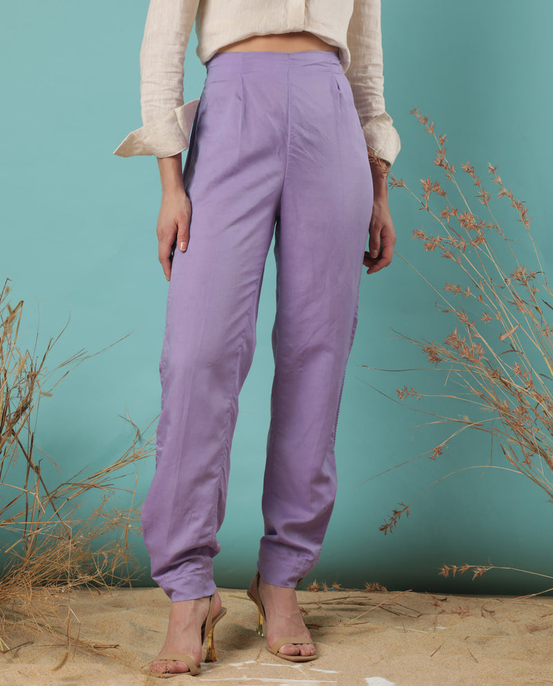 Rareism Women's Erin Pastel Purple Modal Linen Fabric Tailored Fit Plain Ankle Length Trousers