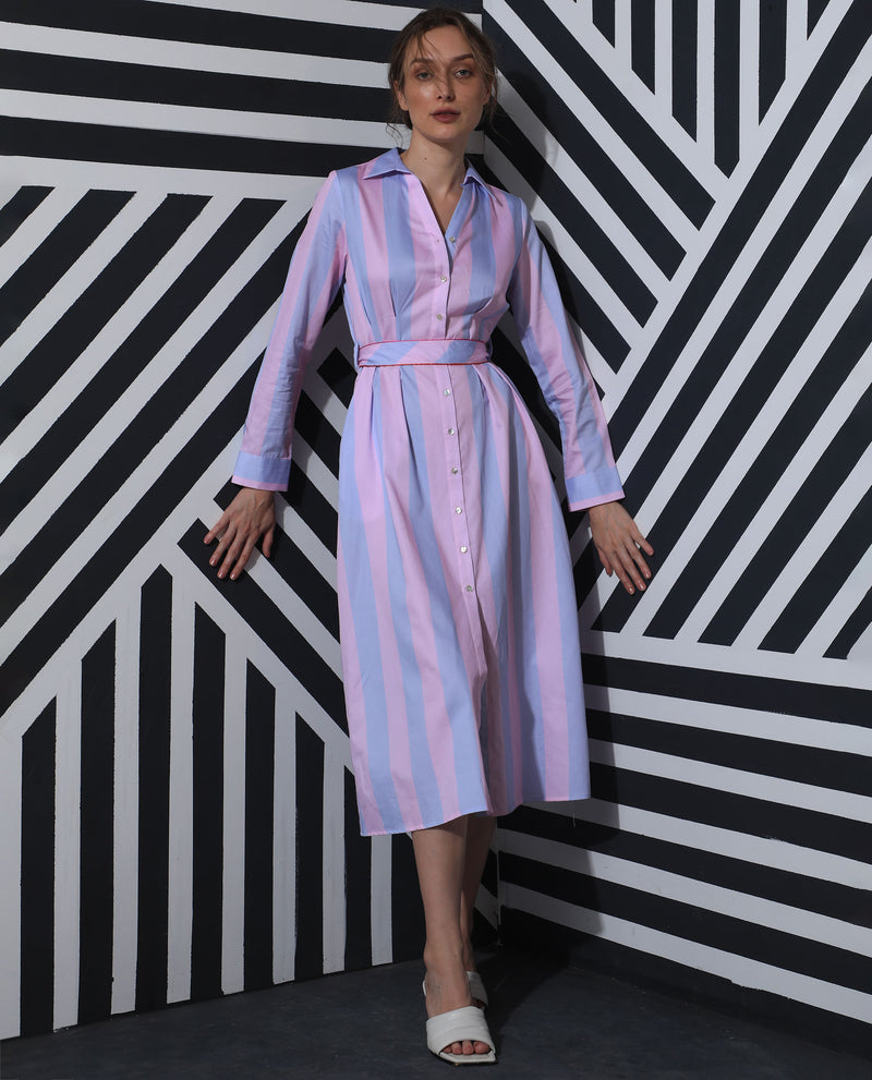 Rareism Women's Prach Pink Striped Shirt Collar Full Sleeves With Front Button Closure Placket And Pocket Midi Dress